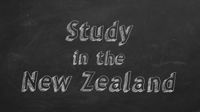 Hand drawing "Study in New Zealand" on black chalkboard. Stop motion animation.