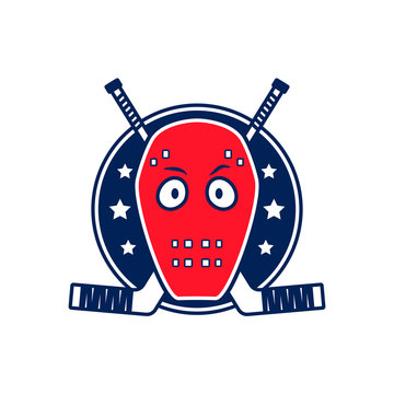 Comical hockey mask with clubs. Logotype. Emblem. Blue and red.