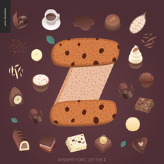 Dessert font - letter Z - modern flat vector concept digital illustration of temptation font, sweet lettering. Caramel, toffee, biscuit, waffle, cookie, cream and chocolate letters