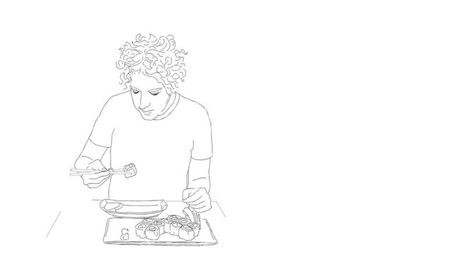 Hand drawn animated cartoon. A stylish man eats sushi with chopsticks.