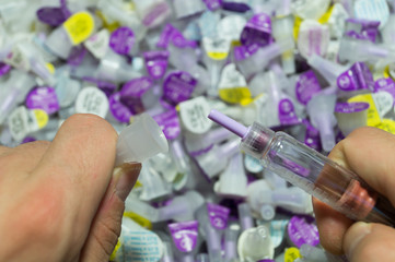 Diabetes insulin syringe with needle closeup. medicine injection