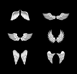 Wings Sketch Set Isolated On Black Background. Collection Of Hand Drawn Angel Wings. Abstract Doodle Vector Illustration, Graphic Design. For Logo, Icon, Tattoo Templates, Emblem, Label And Art Design