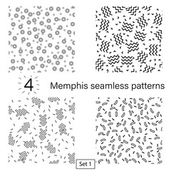 Set of Memphis patterns, line black on white backdrop. Outline abstract art textures. Bundle template. Pattern geometric style. Print, design element. Seamless fabric texture. Fashion 80s, 90s. Vector