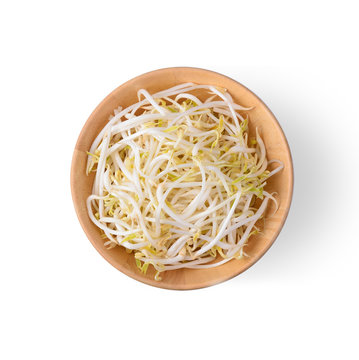  Bean Sprouts in wood bowl isolated on white background