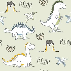 childish dinosaur seamless pattern for fashion clothes, fabric, t shirts. hand drawn vector