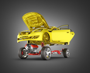 Body and suspension of the car with wheel and engine Undercarriage with bodycar in detail isolated on black gradient background 3d