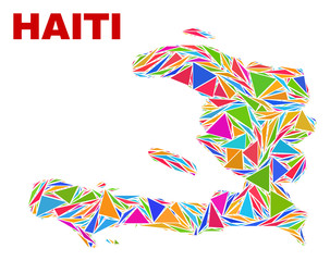 Mosaic Haiti map of triangles in bright colors isolated on a white background. Triangular collage in shape of Haiti map. Abstract design for patriotic purposes.