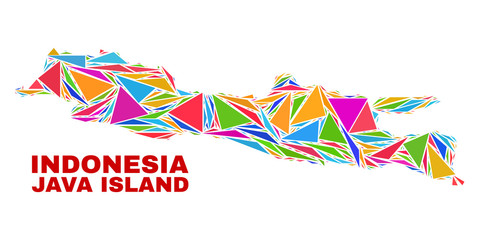 Mosaic Java Island map of triangles in bright colors isolated on a white background. Triangular collage in shape of Java Island map. Abstract design for patriotic purposes.