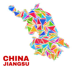 Mosaic Jiangsu Province map of triangles in bright colors isolated on a white background. Triangular collage in shape of Jiangsu Province map. Abstract design for patriotic illustrations.