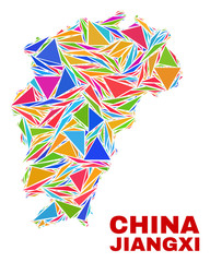 Mosaic Jiangxi Province map of triangles in bright colors isolated on a white background. Triangular collage in shape of Jiangxi Province map. Abstract design for patriotic purposes.