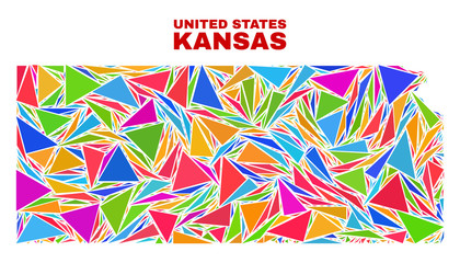 Mosaic Kansas State map of triangles in bright colors isolated on a white background. Triangular collage in shape of Kansas State map. Abstract design for patriotic decoration.