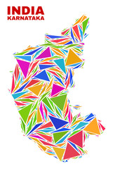 Mosaic Karnataka State map of triangles in bright colors isolated on a white background. Triangular collage in shape of Karnataka State map. Abstract design for patriotic decoration.
