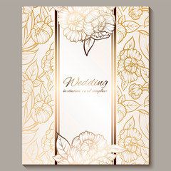 Exquisite royal luxury wedding invitation, gold on white background with frame and place for text, lacy foliage made of roses or peonies with golden shiny gradient.