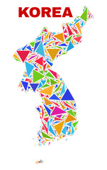 Mosaic Korea map of triangles in bright colors isolated on a white background. Triangular collage in shape of Korea map. Abstract design for patriotic decoration.