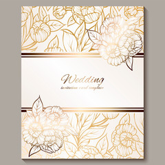 Exquisite royal luxury wedding invitation, gold on white background with frame and place for text, lacy foliage made of roses or peonies with golden shiny gradient.