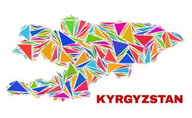 Mosaic Kyrgyzstan map of triangles in bright colors isolated on a white background. Triangular collage in shape of Kyrgyzstan map. Abstract design for patriotic illustrations.