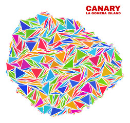 Mosaic La Gomera Island map of triangles in bright colors isolated on a white background. Triangular collage in shape of La Gomera Island map. Abstract design for patriotic illustrations.