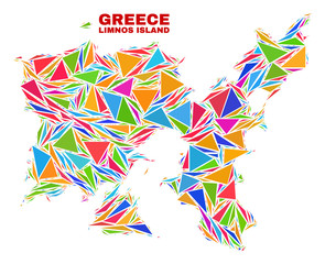 Obraz premium Mosaic Limnos Island map of triangles in bright colors isolated on a white background. Triangular collage in shape of Limnos Island map. Abstract design for patriotic illustrations.
