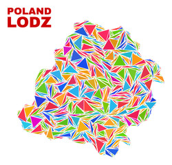 Mosaic Lodz Voivodeship map of triangles in bright colors isolated on a white background. Triangular collage in shape of Lodz Voivodeship map. Abstract design for patriotic purposes.