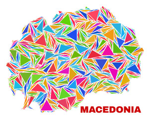 Mosaic Macedonia map of triangles in bright colors isolated on a white background. Triangular collage in shape of Macedonia map. Abstract design for patriotic purposes.