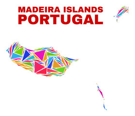 Mosaic Madeira Islands map of triangles in bright colors isolated on a white background. Triangular collage in shape of Madeira Islands map. Abstract design for patriotic decoration.