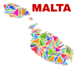 Mosaic Malta map of triangles in bright colors isolated on a white background. Triangular collage in shape of Malta map. Abstract design for patriotic decoration.