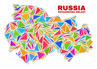 Mosaic Novosibirsk Region map of triangles in bright colors isolated on a white background. Triangular collage in shape of Novosibirsk Region map. Abstract design for patriotic illustrations.