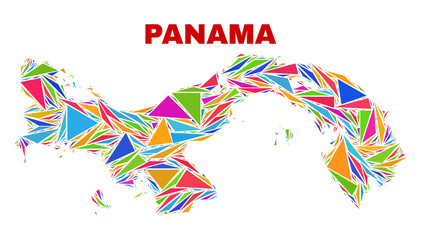 Mosaic Panama map of triangles in bright colors isolated on a white background. Triangular collage in shape of Panama map. Abstract design for patriotic illustrations.