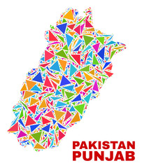 Mosaic Punjab Province map of triangles in bright colors isolated on a white background. Triangular collage in shape of Punjab Province map. Abstract design for patriotic illustrations.