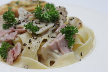 Italian Food, Fettuccine Alfredo, Italian Cream Sauce with Mushroom and Ham, topped with Parsley