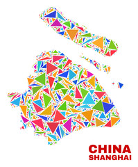 Mosaic Shanghai City map of triangles in bright colors isolated on a white background. Triangular collage in shape of Shanghai City map. Abstract design for patriotic decoration.