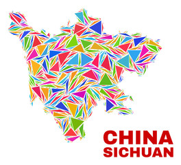 Mosaic Sichuan Province map of triangles in bright colors isolated on a white background. Triangular collage in shape of Sichuan Province map. Abstract design for patriotic decoration.