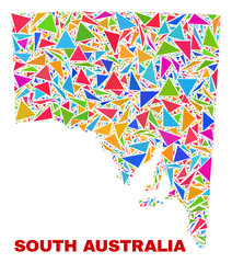 Mosaic South Australia map of triangles in bright colors isolated on a white background. Triangular collage in shape of South Australia map. Abstract design for patriotic decoration.
