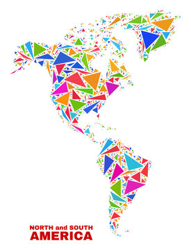 Mosaic South and North America map of triangles in bright colors isolated on a white background. Triangular collage in shape of South and North America map.