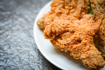 Fried chicken crispy on white plate on dark background