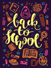 vector back to school typography poster with science signs and symbols. colorful back to school calligraphy lettering with books, notebooks, backpack, pens, pencils, lab, abc, h2o, 2+2, dna signs.