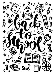 vector back to school typography poster with science signs and symbols. black and white back to school calligraphy lettering with books, backpack, pens, pencils, brush, lab, abc, h2o, 2+2, dna signs.