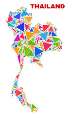 Obraz premium Mosaic Thailand map of triangles in bright colors isolated on a white background. Triangular collage in shape of Thailand map. Abstract design for patriotic decoration.