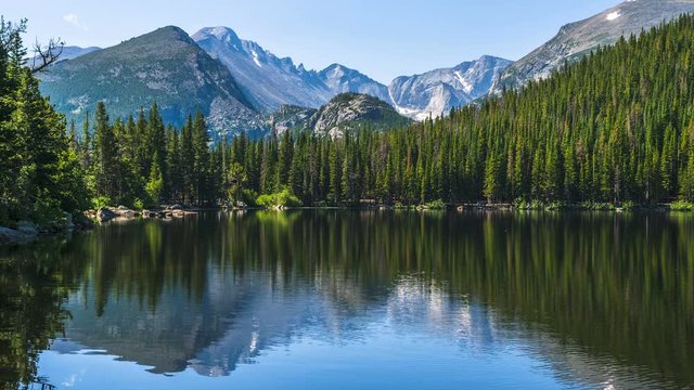 Bear Lake - Time-lapse video of gusty winds stirring up calm Bear Lake on a sunny Summer morning, with rugged Longs Peak and Glacier Gorge towering in background, Rocky Mountain National Park, CO, USA