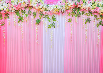 Backdrop wedding background romantic flower and green leaf decoration plant beautiful pink curtain
