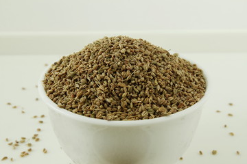 ajwain or Trachyspermum ammi,caraway herb spice seeds in bowl top view