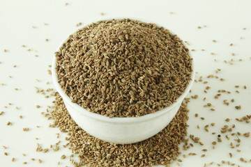 ajwain or Trachyspermum ammi,caraway herb spice seeds in bowl top view