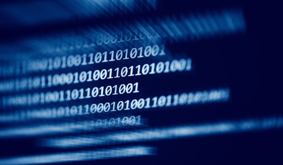 Technology digital binary code data number 0 and 1 on computer screen blue dark background