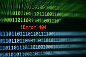 Technology binary code number data alert ! Error 404 message on display screen / Computer network...