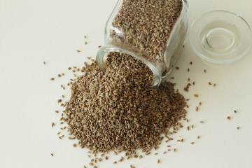 ajwain or Trachyspermum ammi,caraway herb spice seeds in bottle