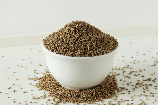 ajwain or Trachyspermum ammi,caraway herb spice seeds in bowl top view