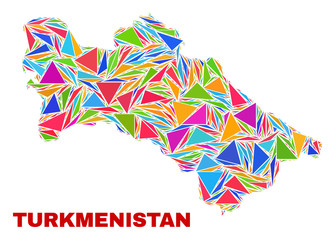 Mosaic Turkmenistan map of triangles in bright colors isolated on a white background. Triangular collage in shape of Turkmenistan map. Abstract design for patriotic purposes.