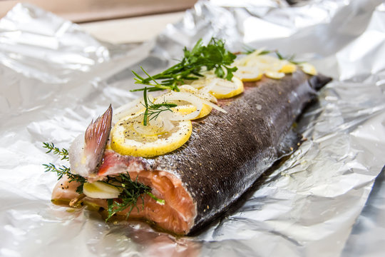 Fresh salmon prepared mediterranean style for grill