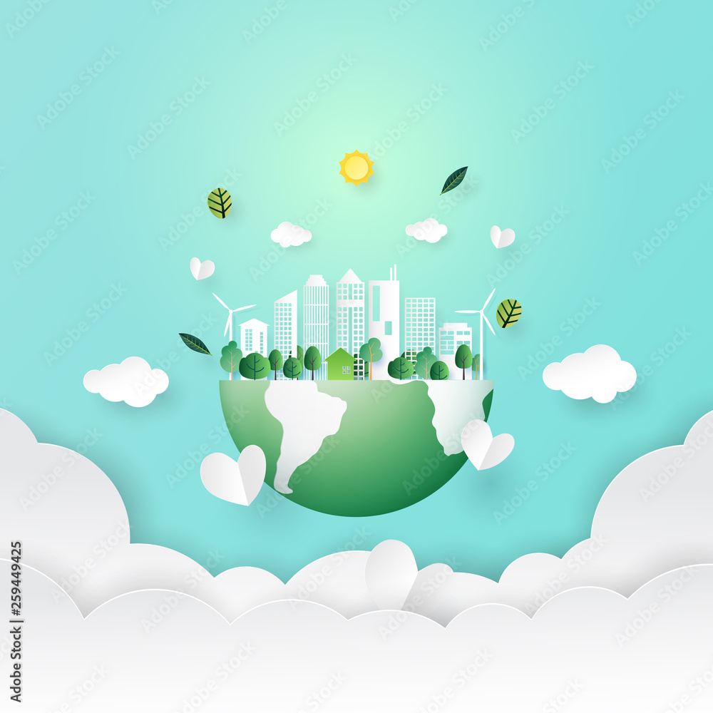 Poster ecology and environment conservation concept.paper art of nature concept with save the earth and gre
