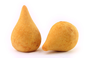 Coxinha, traditional Brazilian cuisine snacks stuffed with chicken, isolated on white background